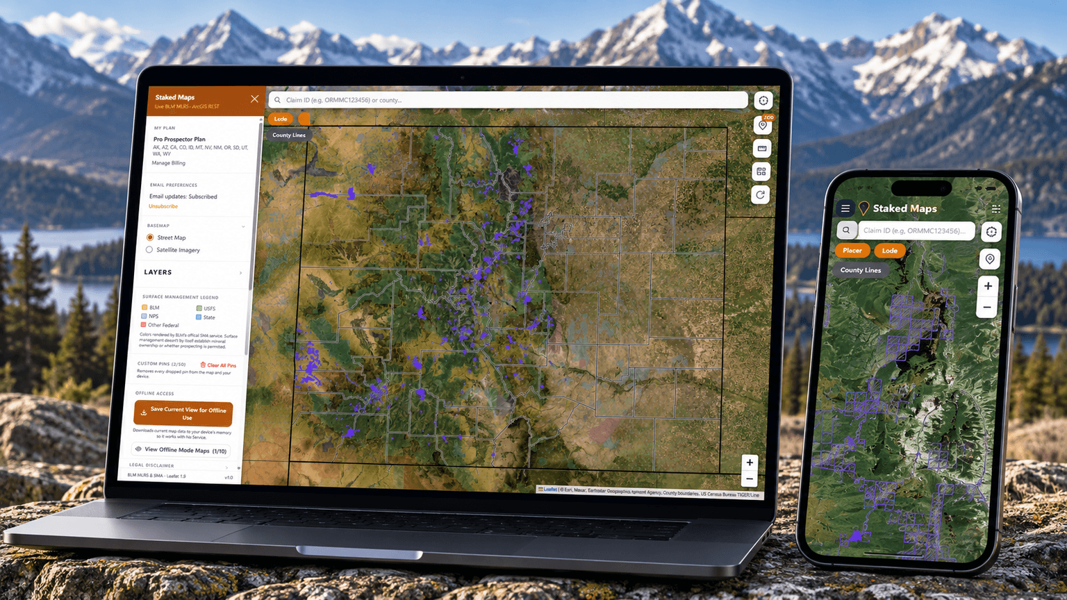 Staked Maps mining claims map shown on laptop and mobile devices with Colorado claim data.