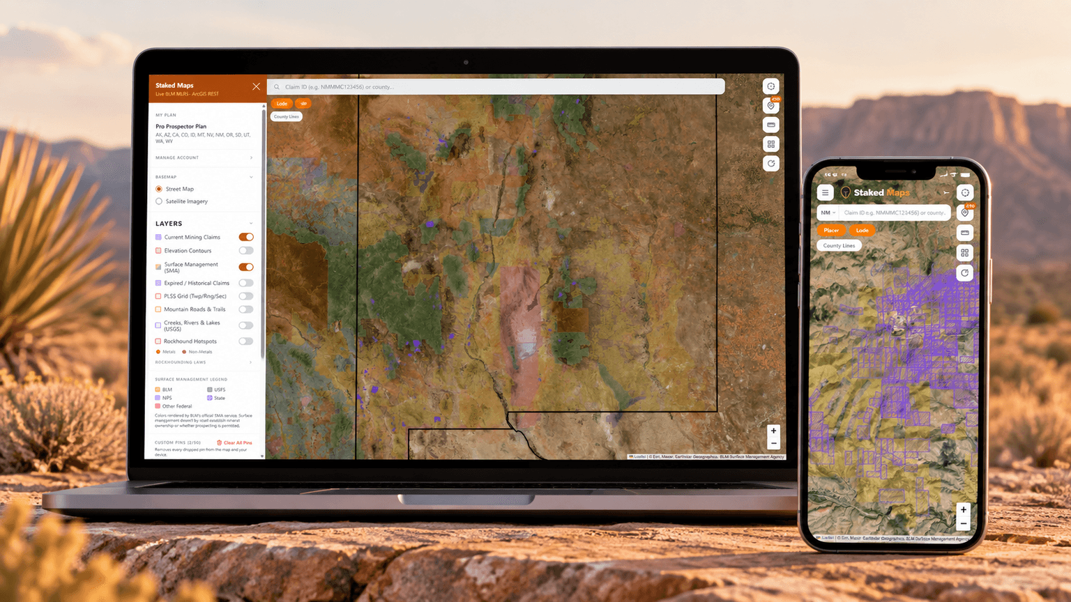 Staked Maps showing current New Mexico BLM mining claims and surface-management boundaries on desktop and mobile