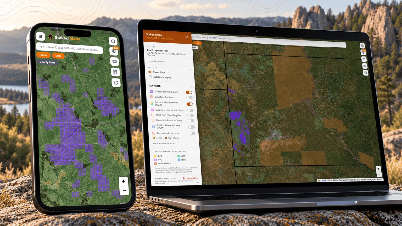 Staked Maps South Dakota mining claims map on desktop and mobile showing Black Hills claim and surface-management layers