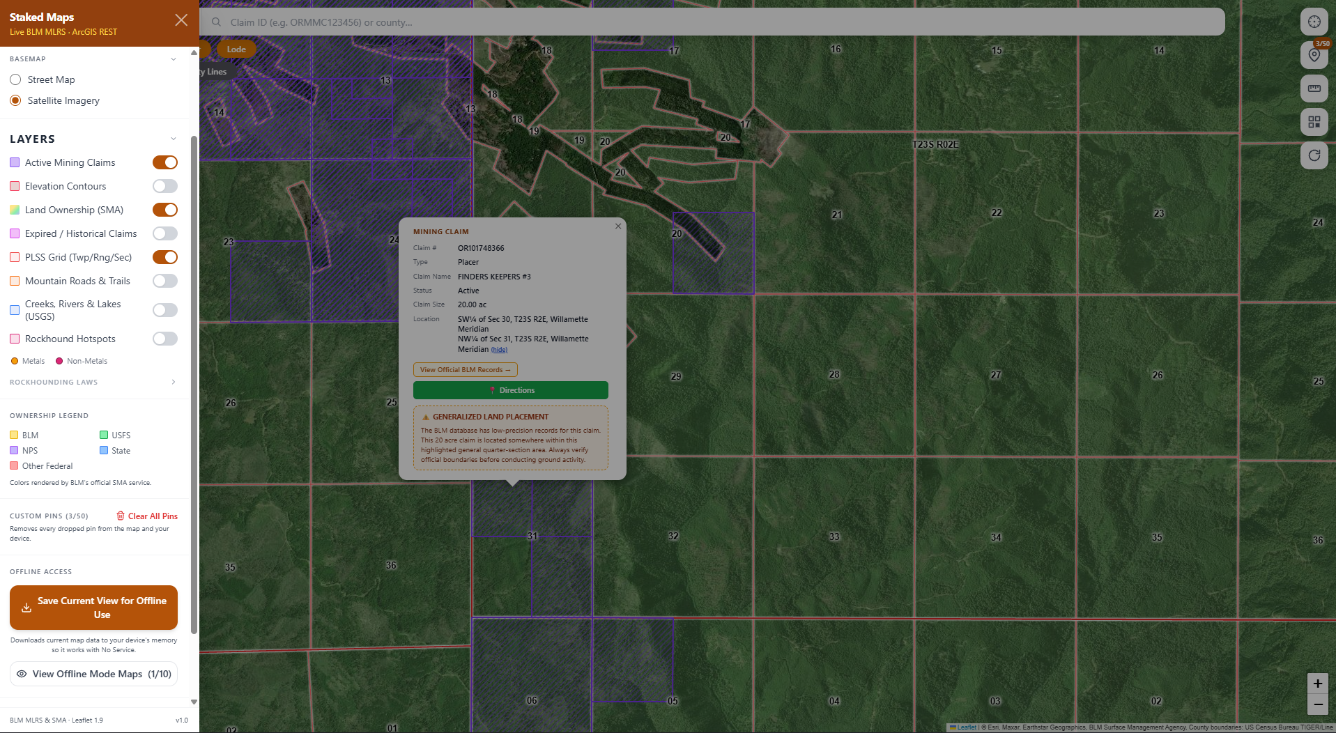 Staked Maps claim detail popup showing claim type, status and legal description