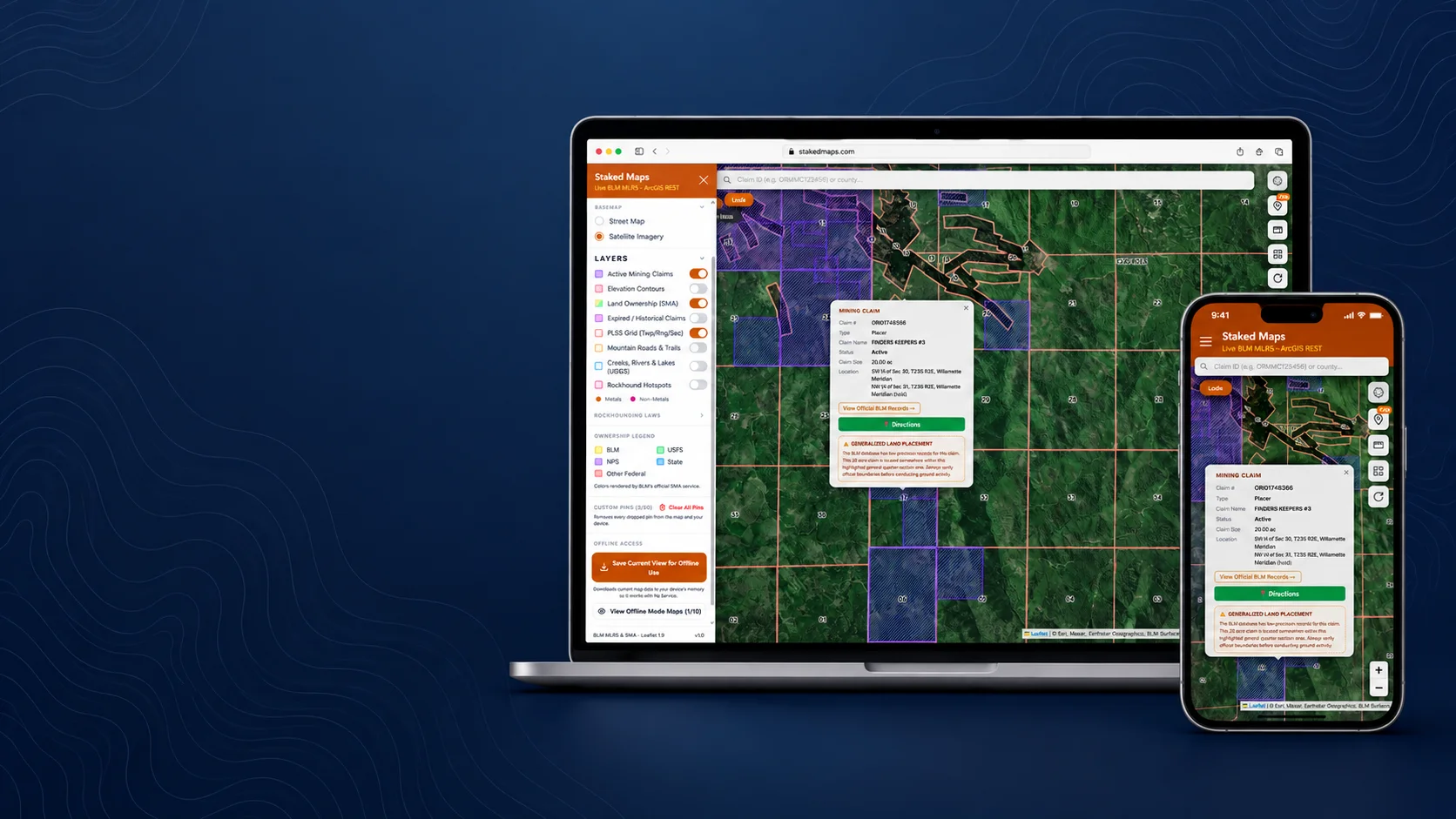 Staked Maps mining claims map open on a laptop and phone, showing an active claim's details and BLM records link