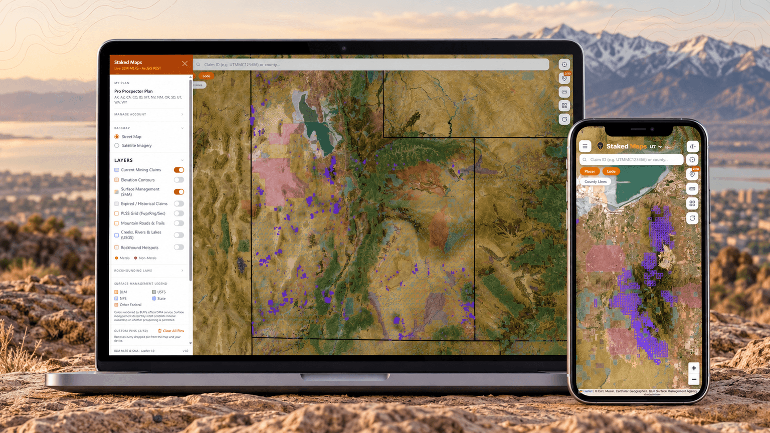 Staked Maps Utah mining claims map on laptop and phone showing current claims over BLM surface-management colors
