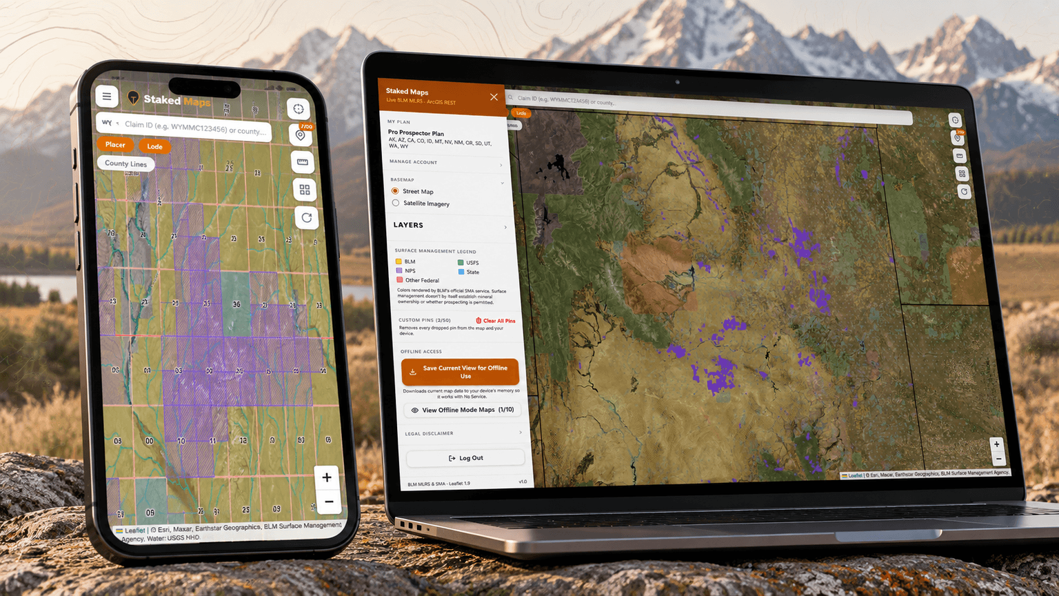 Staked Maps Wyoming mining claims map shown on laptop and mobile devices